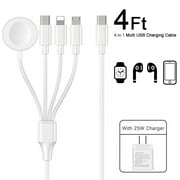 4 in 1 Multi USB Charging Cable, Portable Apple Watch Wireless Charger Cord with USB C Port and PD 25W Fast Charging Charger for Apple Watch Series SE/8/7/6/5/4/3/2/1, iPhone, Samsung, Pixel Etc